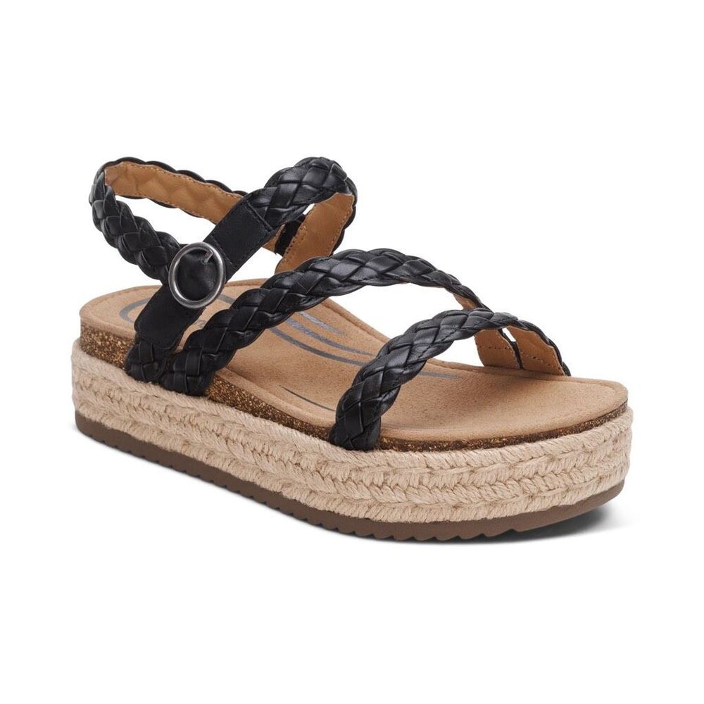 NEW Aetrex Julia Platform Sandal in Black Braided Leather NIB Arch Support, Boho